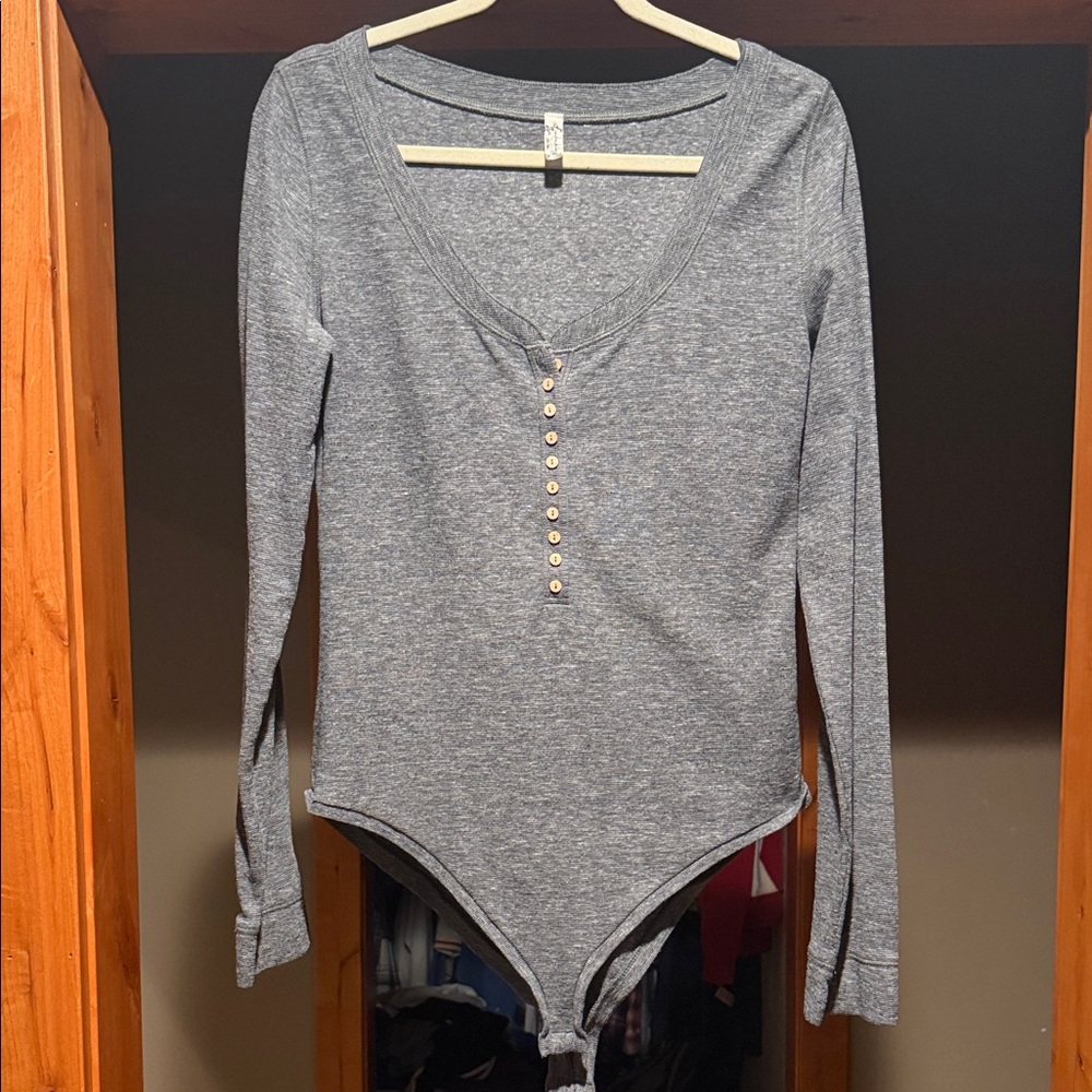 Free People Gray Long Sleeve Bodysuit XL